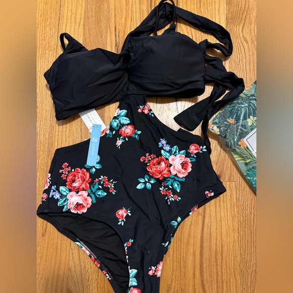 Black And Floral Wrap Cutout One Piece Swimsuit - Picture 1 of 8